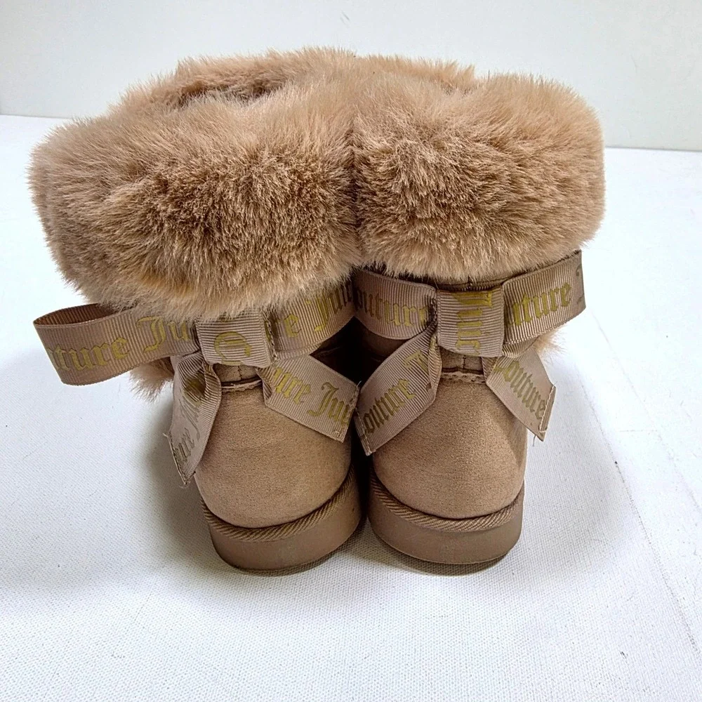 Juicy Couture King Boots Womens 9.5 Tan Faux Fur Bow Back Winter Ankle Booties